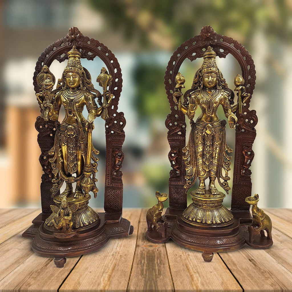 ARTVARKO Brass Lord Bhagwan Vishnu Narayan Lakshmi Statue Idol Murti Holding Gada Conch Shankh Chakra with Garuda for Home Decor Mandir Pooja Laxmi Ji Blessing Height 16 Inches