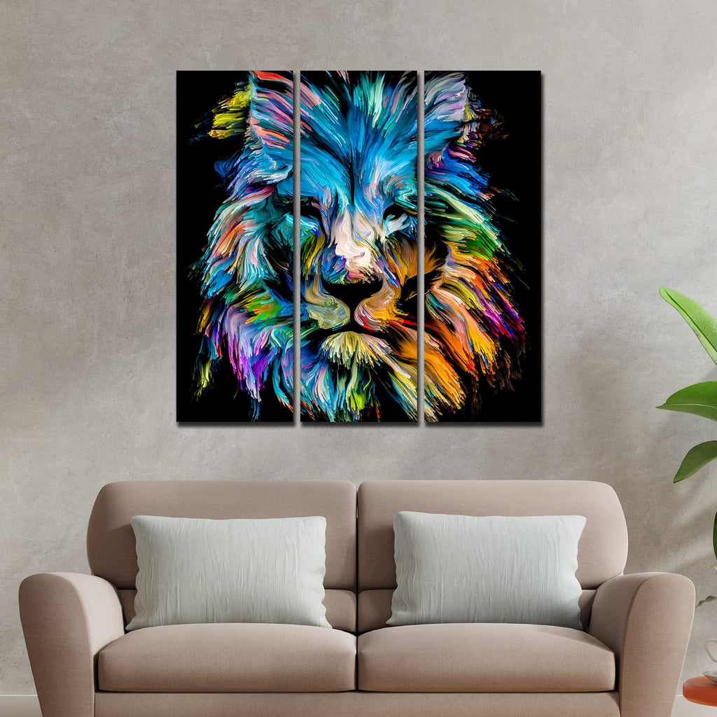 VIBECRAFTS Homcraft 3 Pieces Multicolor Head Of Lion Canvas Wall Painting Fitted With Wooden Frame For Home | Office | Living Room | Gifts (PTVC3Pcs1_9533)