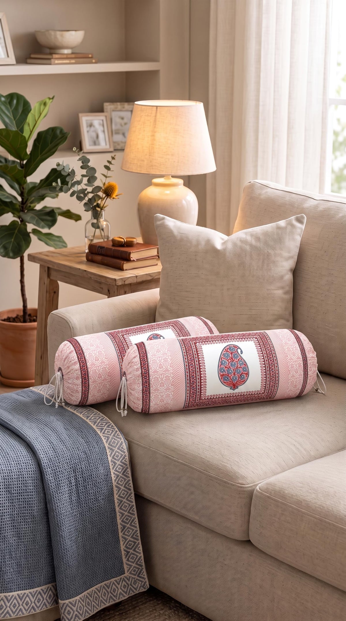 BLOCKS OF INDIA Cotton Hand Block Printed Bolster Cover | Booster Cover with Drawstring | Round Long Pillow Cover for Bed | Dewan Pillow Cover Set 16 X 32 | Set of 2 (Color 43)
