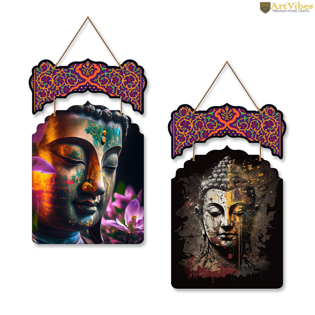 Artvibes Gautam Buddha Wooden Wall Haning for Living Room | Spiritual Decor Items | Wall Art Painting For Hall | Wall Paintings | Handcrafted Art | Ethnic Wall Decor | Gift Items (WH_9204N), Set of 2