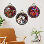 Artvibes Madhubani Folk Art Round Shape MDF Wooden Wall Decor Items | Living Room | Handcrafted Art | Wall Poster | Aesthetic Wooden Decor | Art Print | Unique Gift Items (WH_9903N), Set of 3