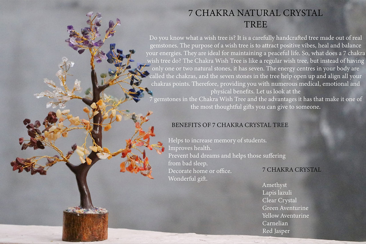 JABRESHWAR CRYSTAL Natural 7 Chakra Layered Golded Wire l Stone Tree for Vastu 300 Beads Reiki Healing Crystal Multicolor Good Luck Tree for Home Decor (Medium Height 10-12 Inch)