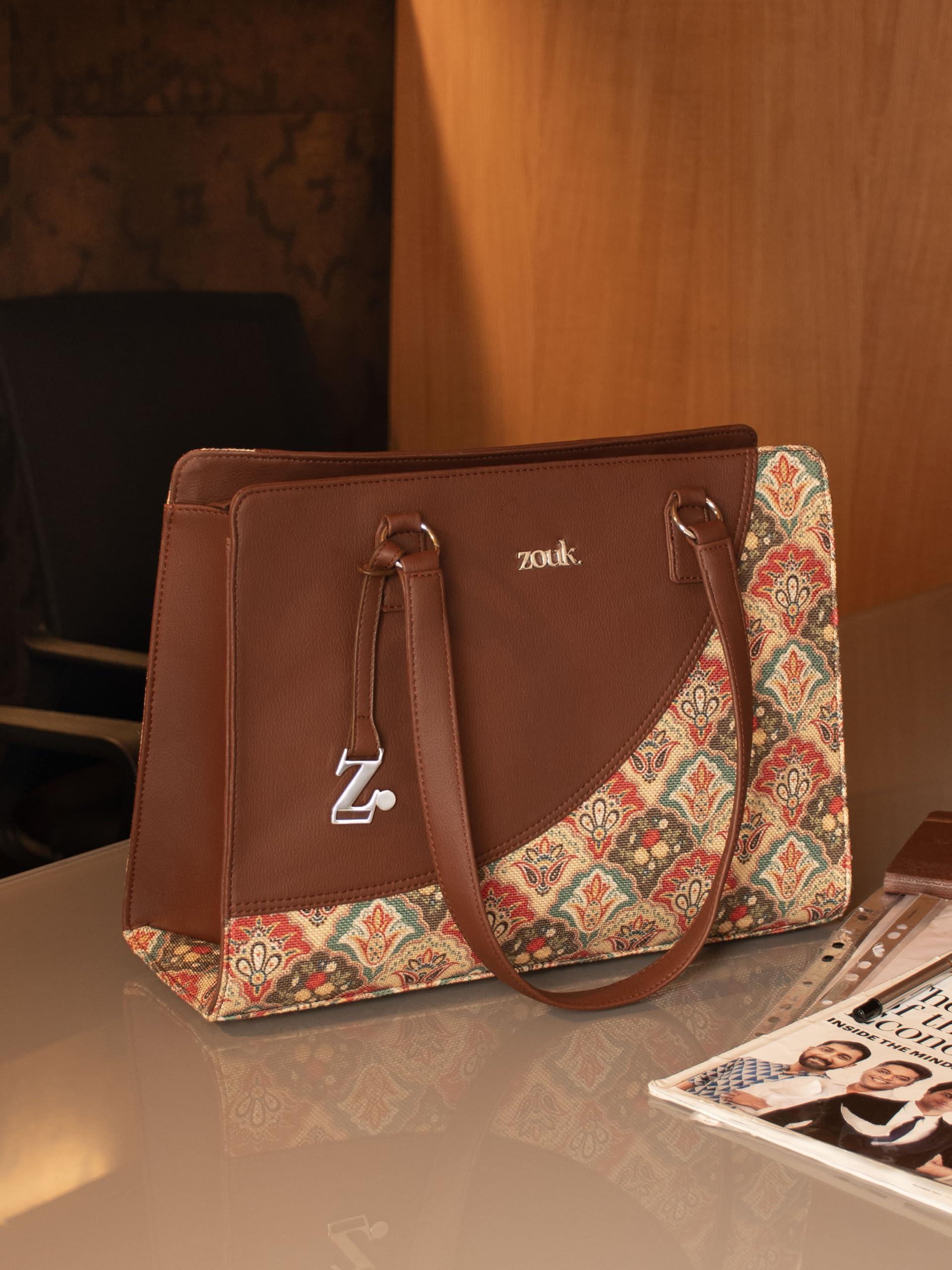 ZOUK Mughal Art Multicolor Office Essential Bag | Jute | Vegan Leather Handcrafted Tote Bag With Double Handle Shoulder Strap| Multicolor