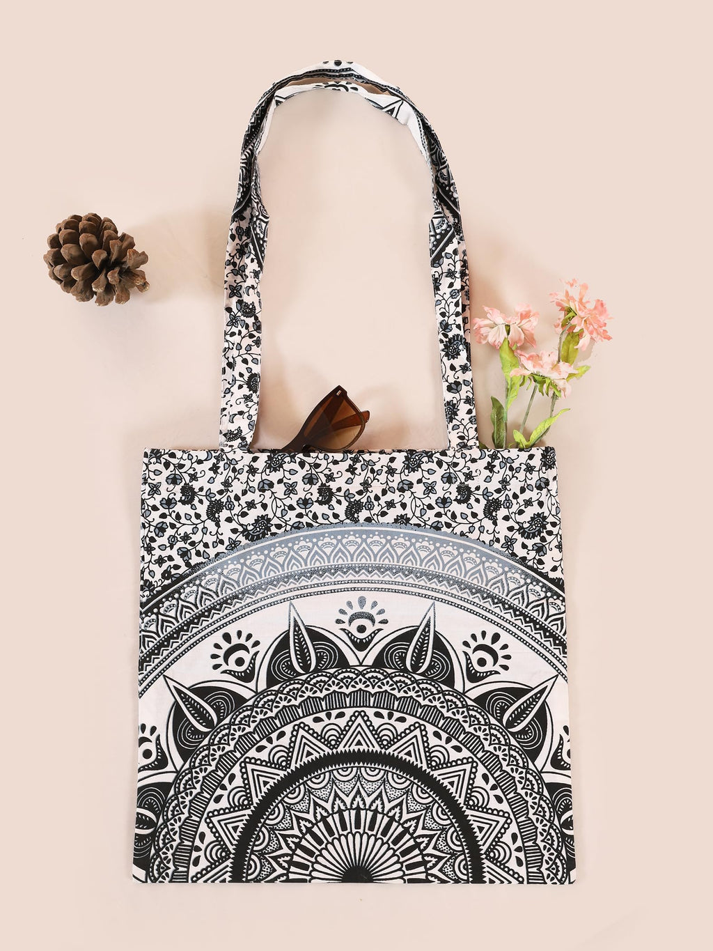 Ravaiyaa - Attitude is everything Cotton Shoulder Bag/Tote Bag For Women| Printed Multipurpose Handbag With Top Zip| Best For Shopping, Travel, Work, Beach, Office, College (White Black Ombre Mandala)