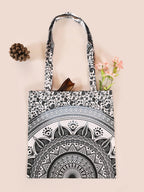 Ravaiyaa - Attitude is everything Cotton Shoulder Bag/Tote Bag For Women| Printed Multipurpose Handbag With Top Zip| Best For Shopping, Travel, Work, Beach, Office, College (White Black Ombre Mandala)
