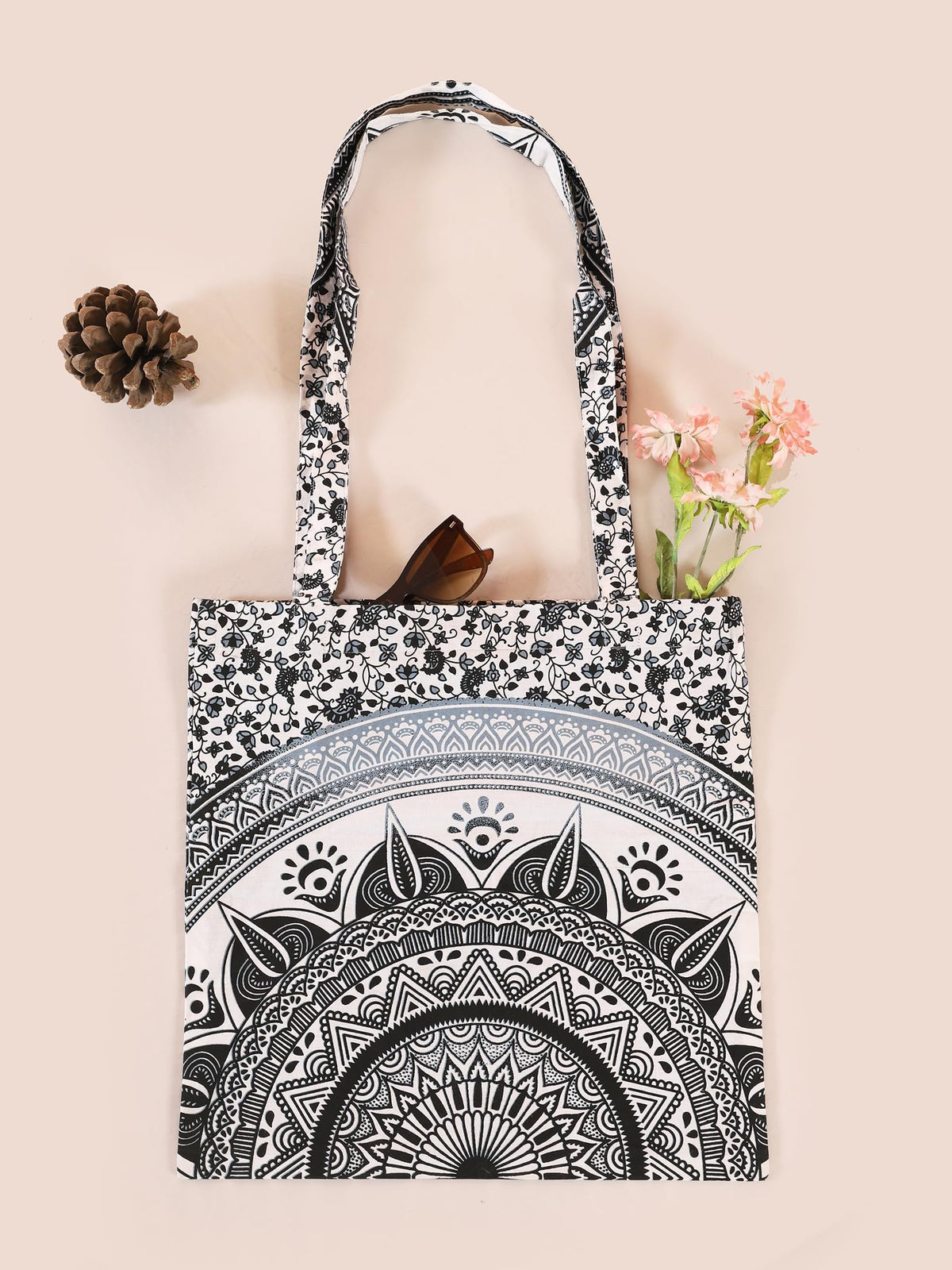 Ravaiyaa - Attitude is everything Cotton Shoulder Bag/Tote Bag For Women| Printed Multipurpose Handbag With Top Zip| Best For Shopping, Travel, Work, Beach, Office, College (White Black Ombre Mandala)
