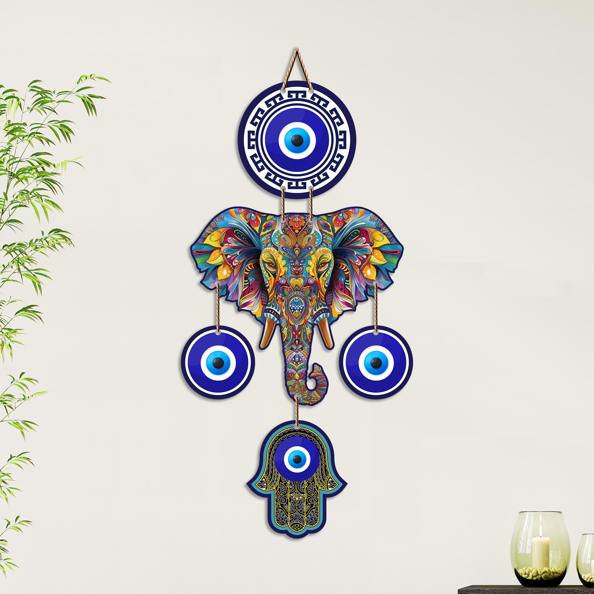 Artvibes Elephant Family Evil Eye Wall Hanging for Home Entrance | Nazar Battu MDF Wall Decor | Positive Energy Vastu Art for Living Room | Hallway | Office & Main Door | Gift Item (WH_8549N)
