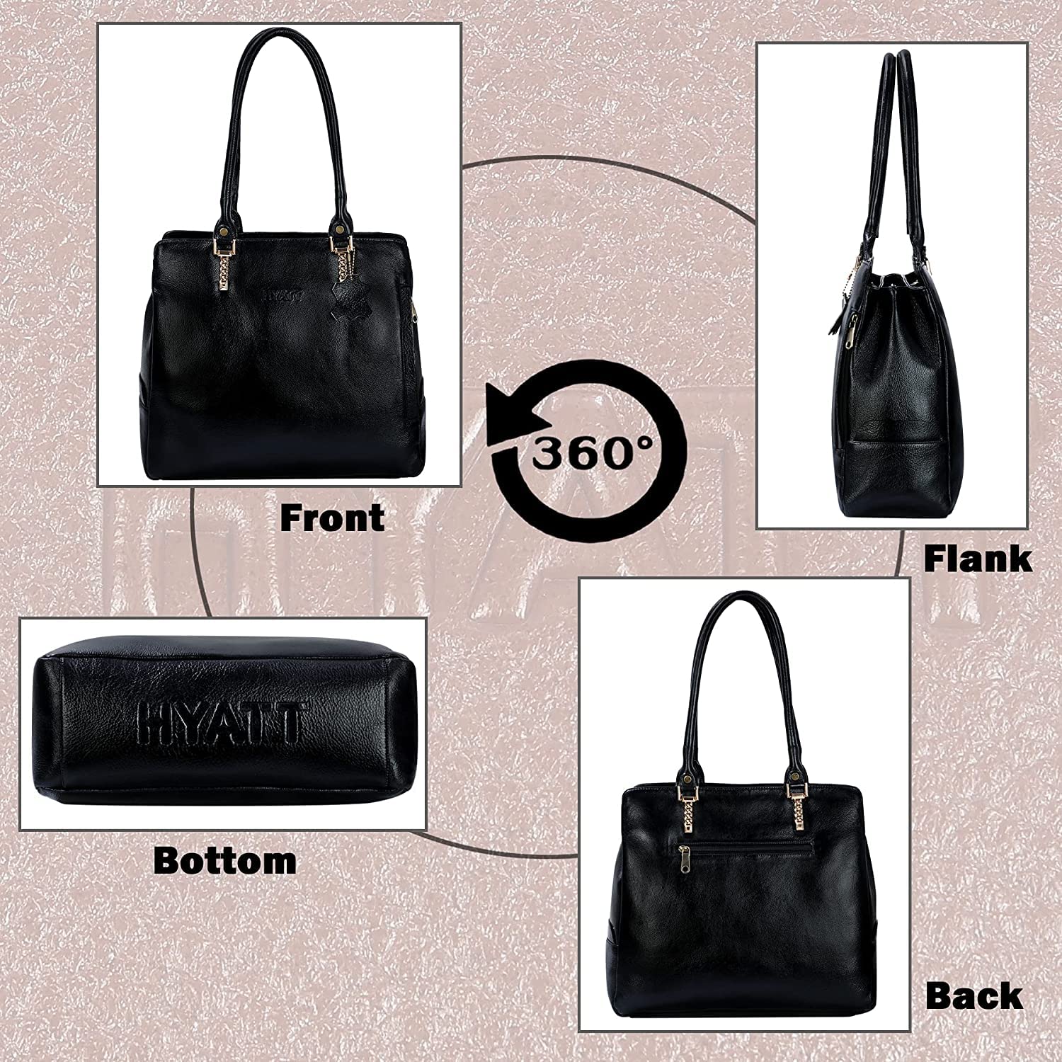 HYATT Leather Accessories Full Grain Natural Leather Top Handle Tote Handbags & Shoulder Bags For Women Office (Dimension- L-14 X H-12 X W- 5 Inch, Weight- 0.7 Kg - Black)