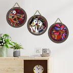 Artvibes Madhubani Folk Art Round Shape MDF Wooden Wall Decor Items | Living Room | Handcrafted Art | Wall Poster | Aesthetic Wooden Decor | Art Print | Unique Gift Items (WH_9903N), Set of 3