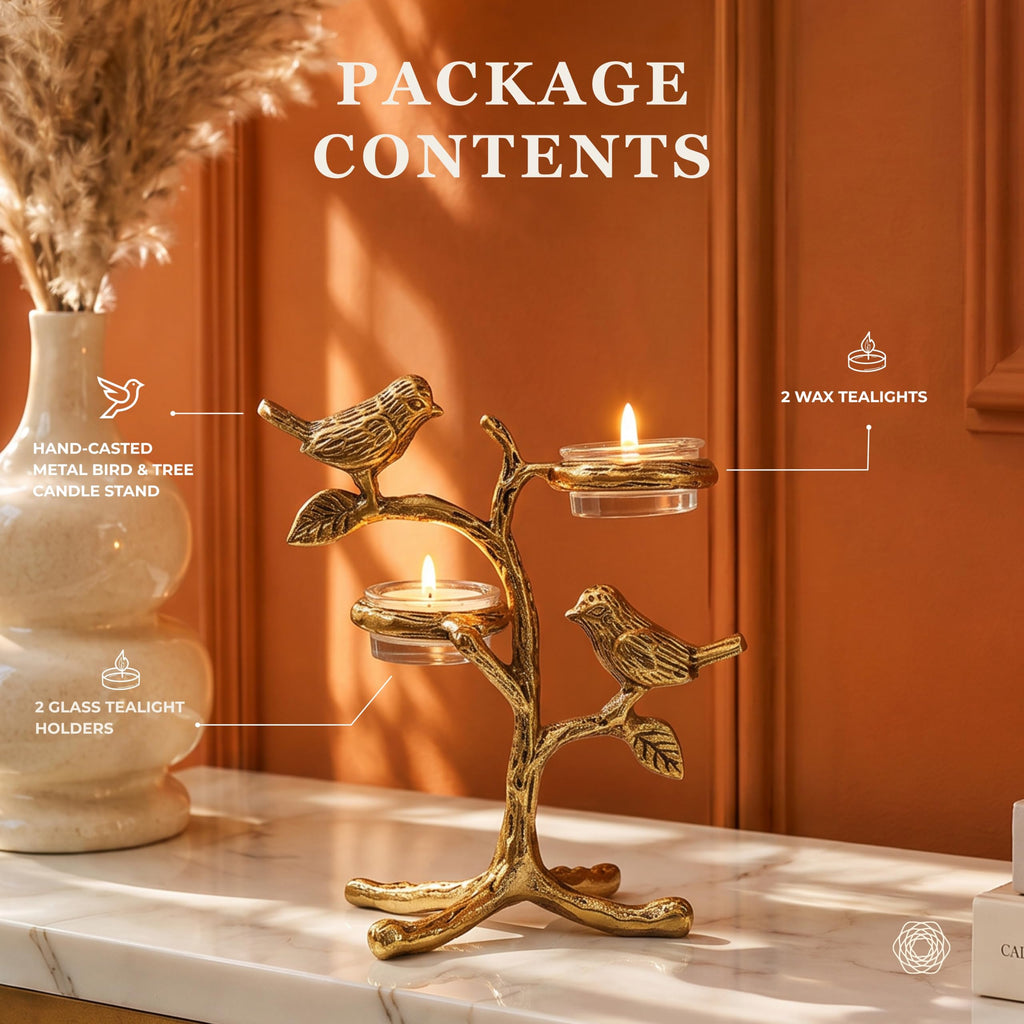 BEHOMA Metal Romantic Love Birds Tree Candle Valentine’s Day, Gold
