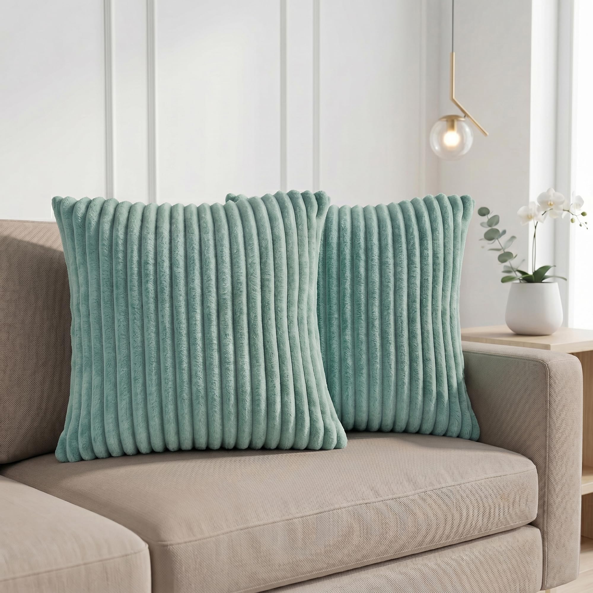 Yellow Weaves Pencil-Stripe Fur Cushion Covers | Soft Polyester | Decorative Sofa & Throw Pillow Covers | 16x16 Inches, Pack of 2 (Sea Green)