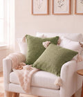 Furnistitchs Solid Boho Cushion Cover 16x16 Inches, Premium Natural Slub Fabric Throw Pillow Case with Tassels for Sofa, Couch, Living Room & Bedroom 40x40 cms, 2 pc - Sage Olive