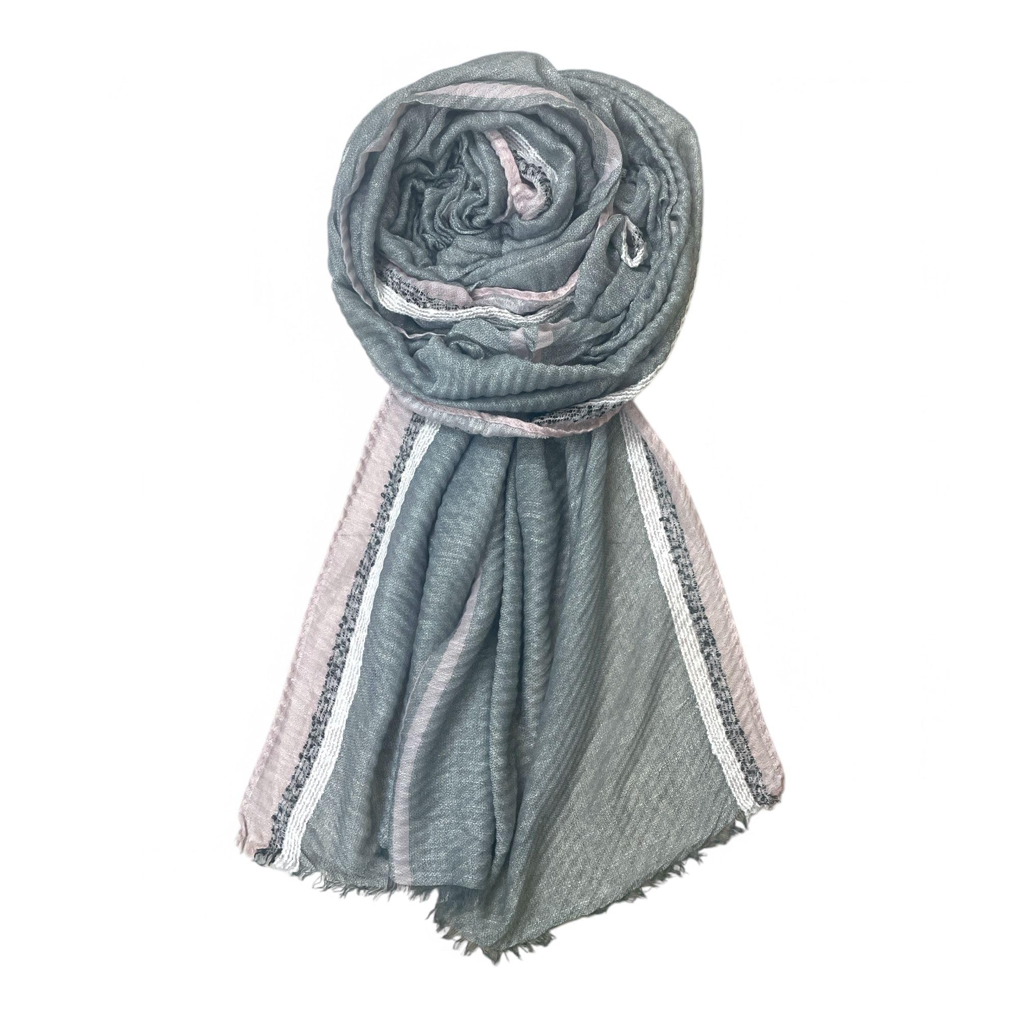 FAHABO Scarf Woman Pleated Cotton with Woven Border Scarves | Hijab Scarf | Headscarf | Neck Scarf | Stoles | Wraps (Light Grey)