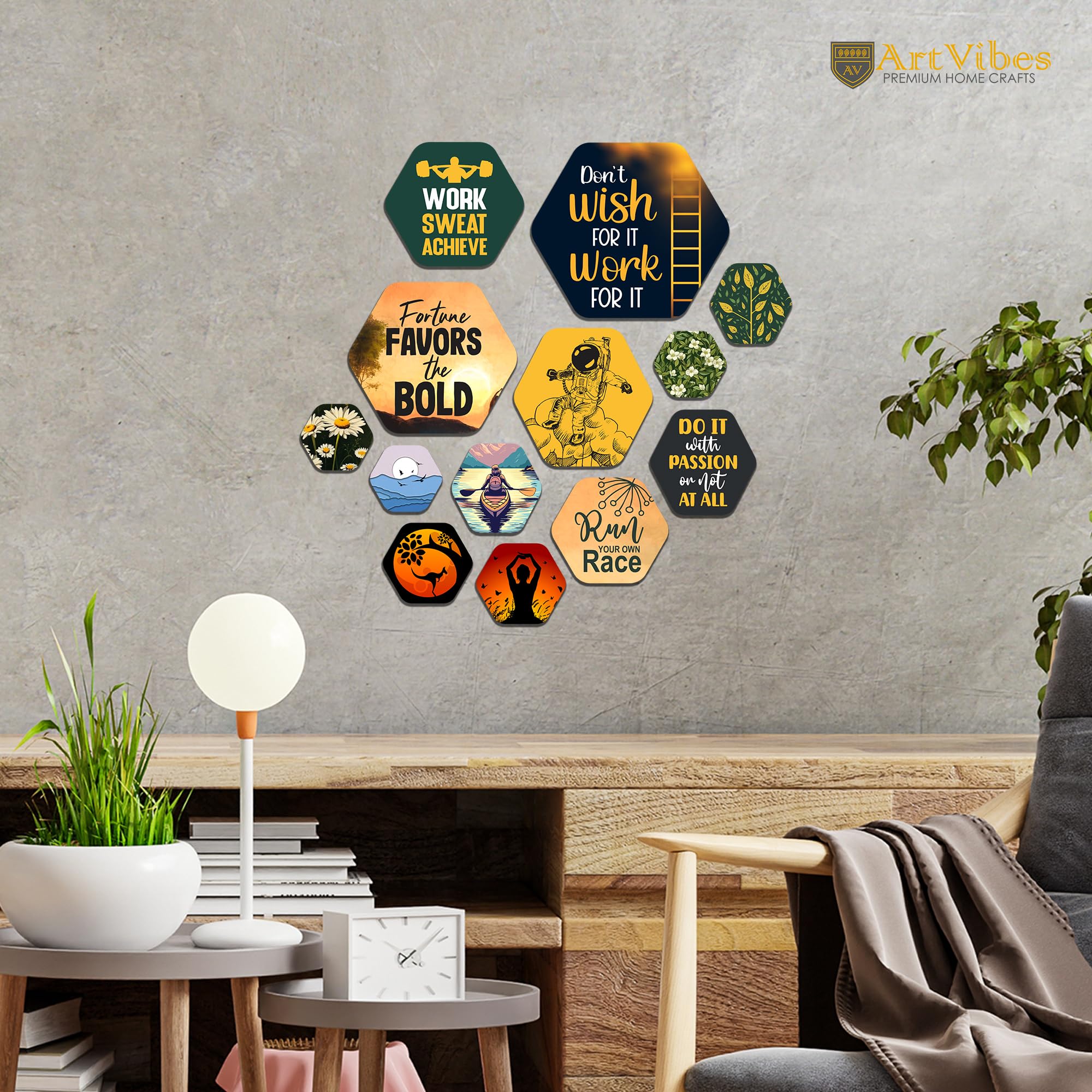 Artvibes Motivational Quotes Hexagon Shape MDF Wooden Wall Decor Items | Quotes Decor Item | Motivational Wall Decor | Wall Poster | Gift Items | Office Wall Decoration Items (WPS_223N), Set of 13