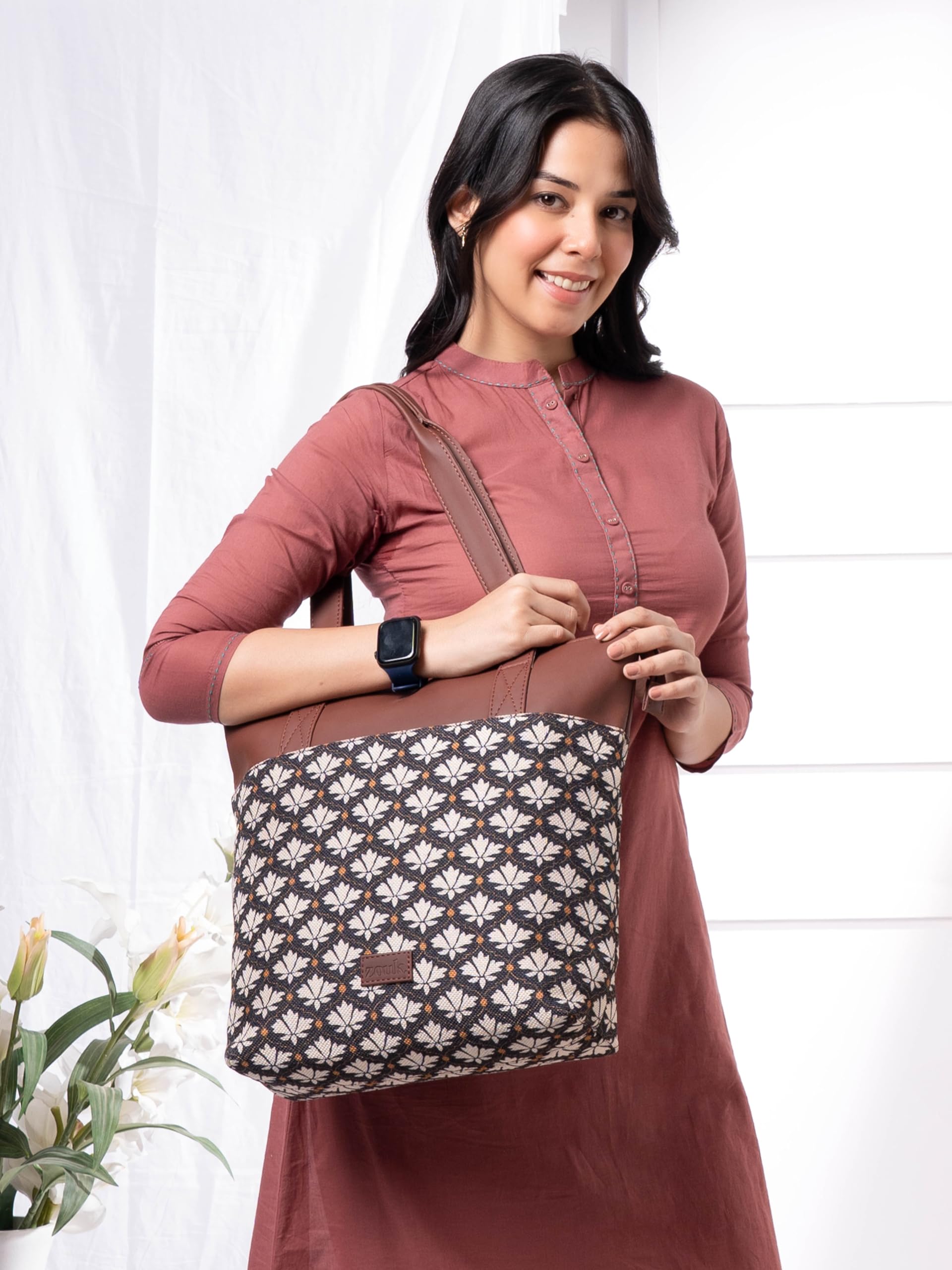 ZOUK Bidri Kaiser Floral Printed Women's Jute Handcrafted Vegan Leather Blue Everyday Tote