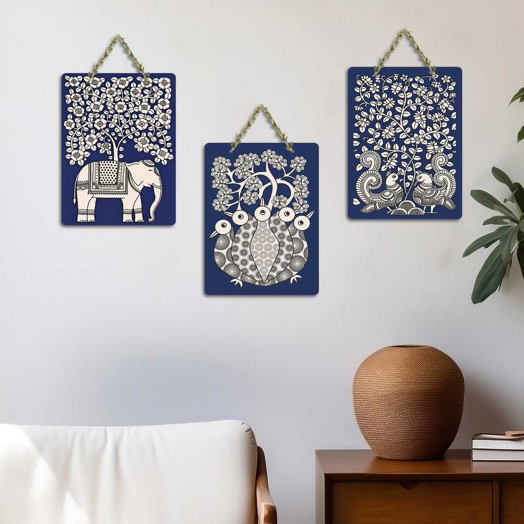 Artvibes Elephant Peacock Madhubani Art Home Wooden Art Decoration Item for Home | Modern Decoration Items | Handcrafted Art | Wall Poster | Aesthetic Wall Hanging | Unique Gift (WH_96175N), Set of 3