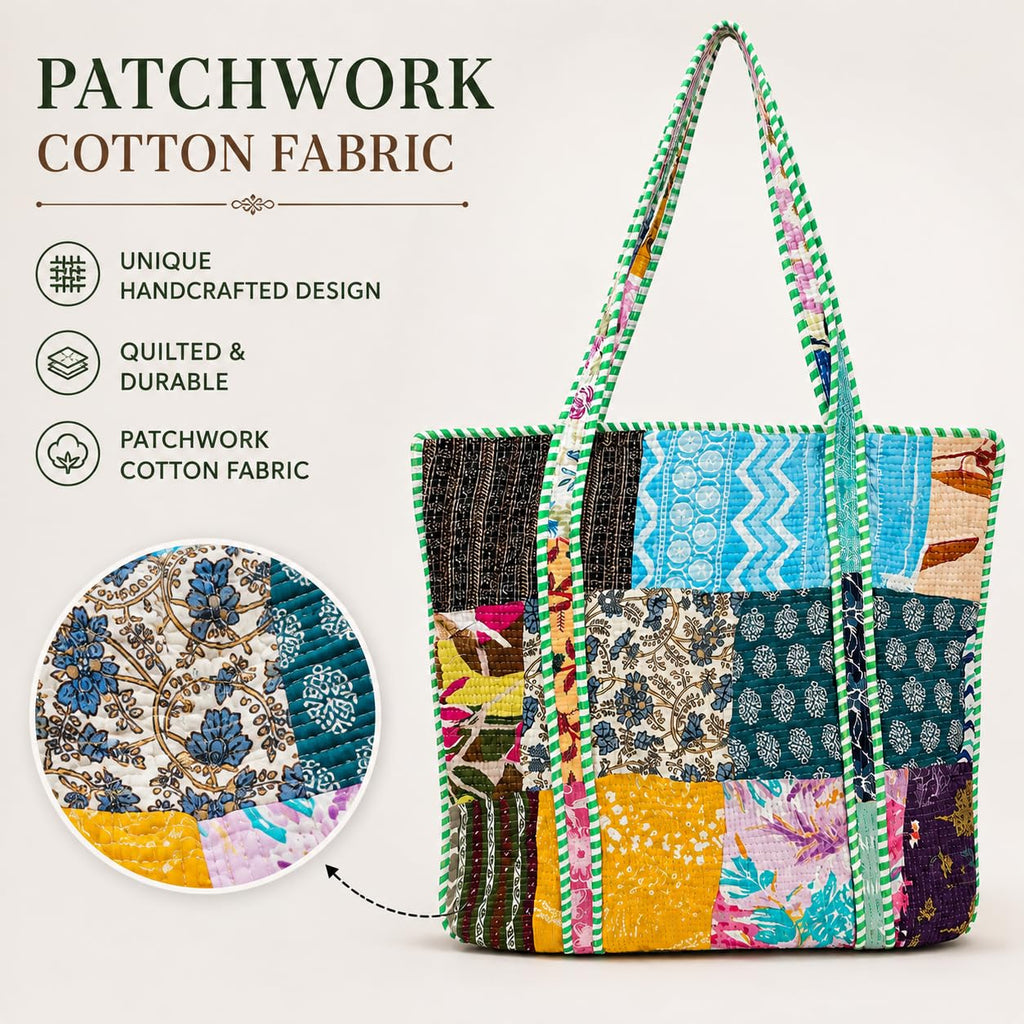 ArbaanHouse Patchwork Cotton Tote Bag for Women, Quilted Fabric Shopping Bag, 18 x 18 Inch, Reusable Large Carry Bag