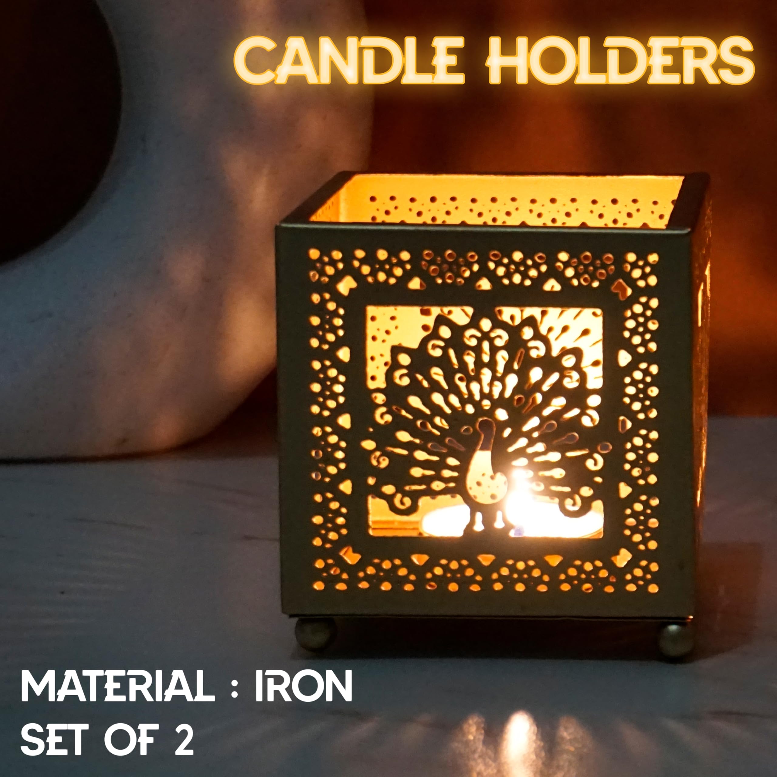 Purestory Peacock Set of 2 Iron Lantern and Candle Tealight Holder for Home Decor Items | Candles for Home Decoration | Candle Holders for Home Decor | (Pack of 2) (Gold)