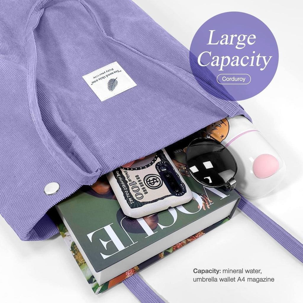 Kawn Women Corduroy Canvas Tote Bag Shoulder Cord Purse Reusable Shopping Bag Grocery Bag Large Capacity Washable Handbag Girls Shoulder Bag With Inner Pocket For Daily Use (Purple)