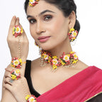 ZENEME Handmade Peach & Yellow Floral Jewellery Set for Women & Girls | Handcrafted Flower Necklace Set with Earrings, Maang Tikka & Pair of Hathphool | Mehendi, Haldi, Wedding & Bridal Jewallery