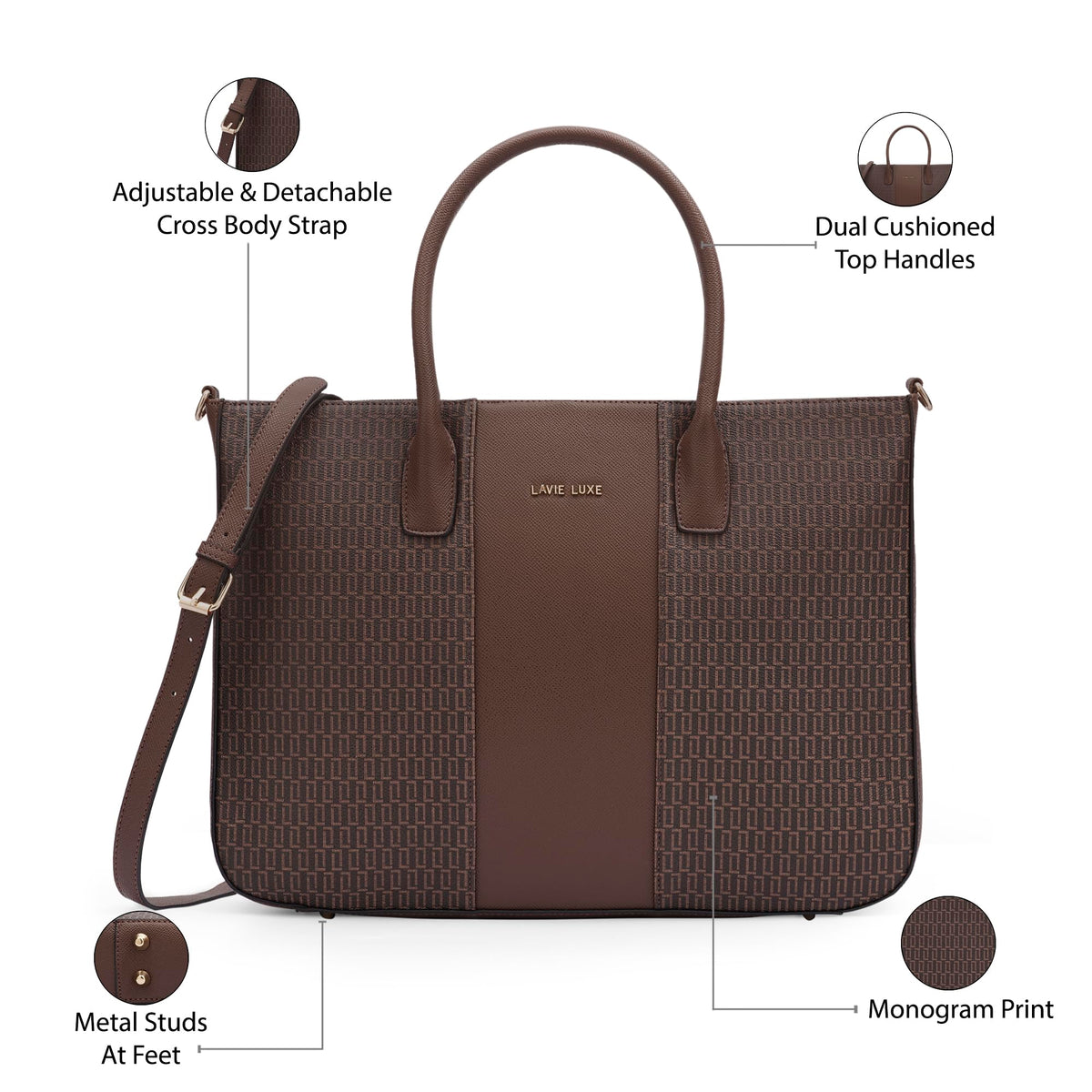 Lavie Luxe Women's Mono Raily Pro Monogram Print Tote Laptop Bag For Women | Tote Laptop Bag For Work | Ladies Purse | Stylish Shoulder Bag | Gift For Women, Maroon
