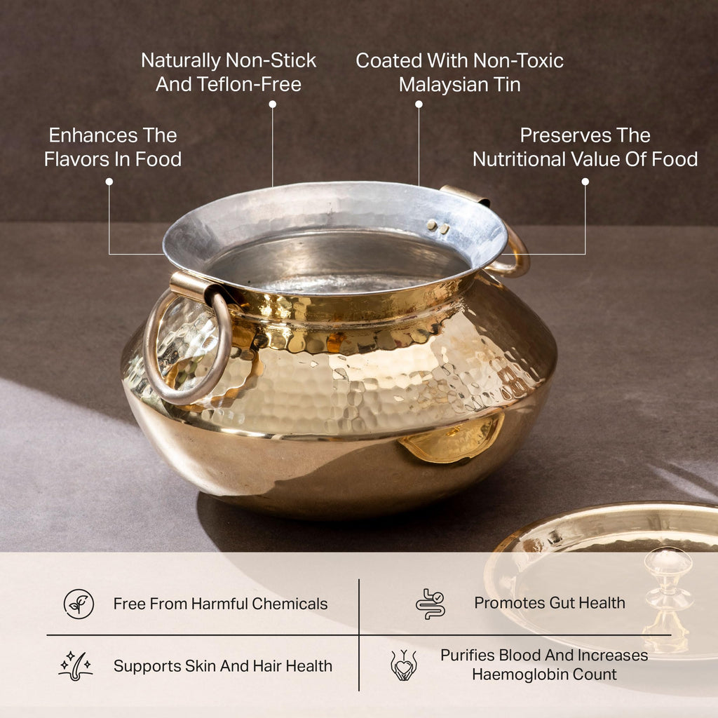 P-TAL Brass Patili with Lid and Handles for Cooking Teflon Free Degchi 1.5L Biryani Handi for Cooking Ptal Utensils for Your Kitchen (Free 30ml Copper & Brass Cleaning Solution)
