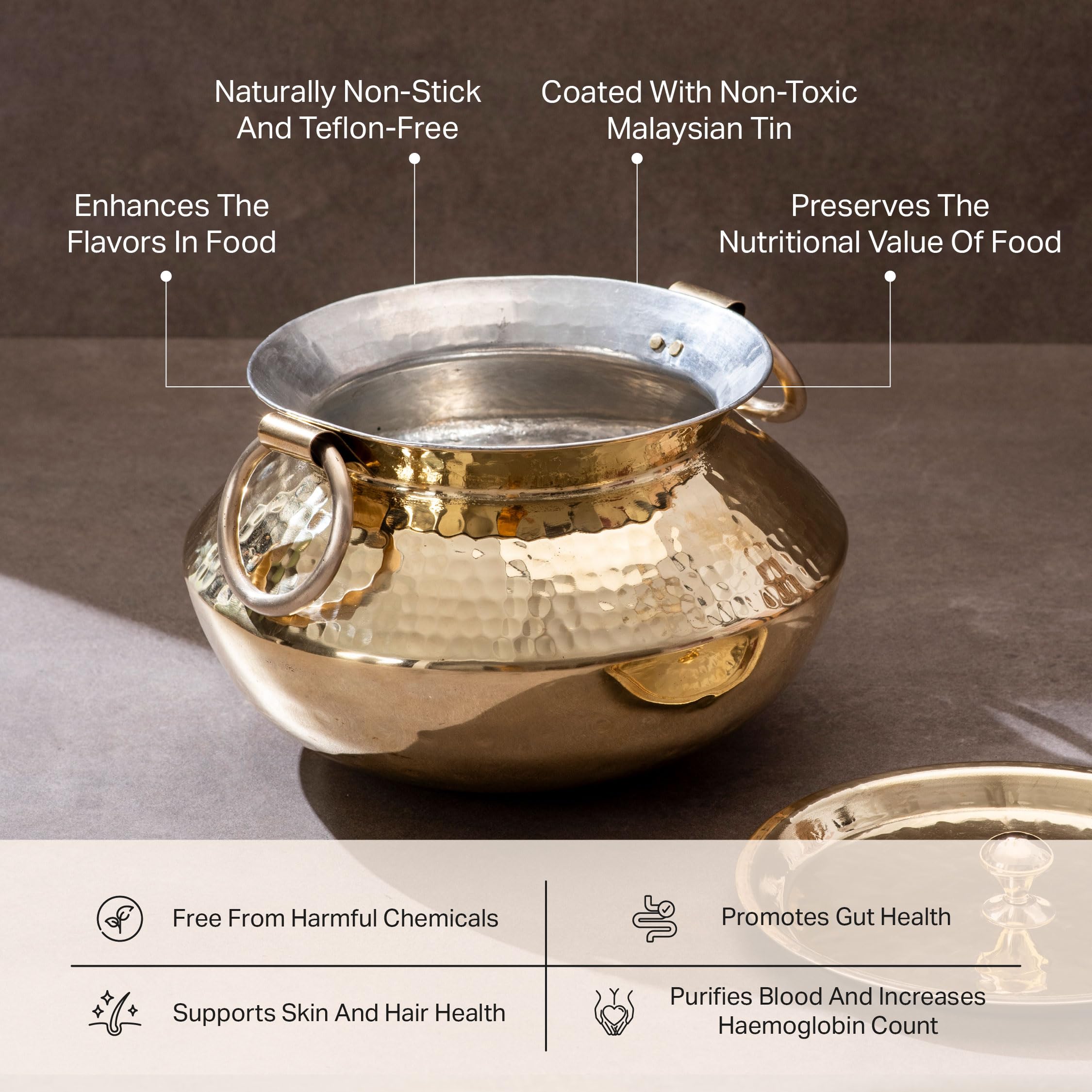 P-TAL Brass Patili with Lid and Handles for Cooking Teflon Free Degchi 1.5L Biryani Handi for Cooking Ptal Utensils for Your Kitchen (Free 30ml Copper & Brass Cleaning Solution)