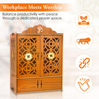 GLUN® Pack of 1 Wooden MDF Temple Mandir for Home & Shops, Size 21x16x10 Inch 1 Piece LED Light & Complete Wall Mount Kit with Door & Cabinet with Storage Space, Assembly Required, Pooja Mandir