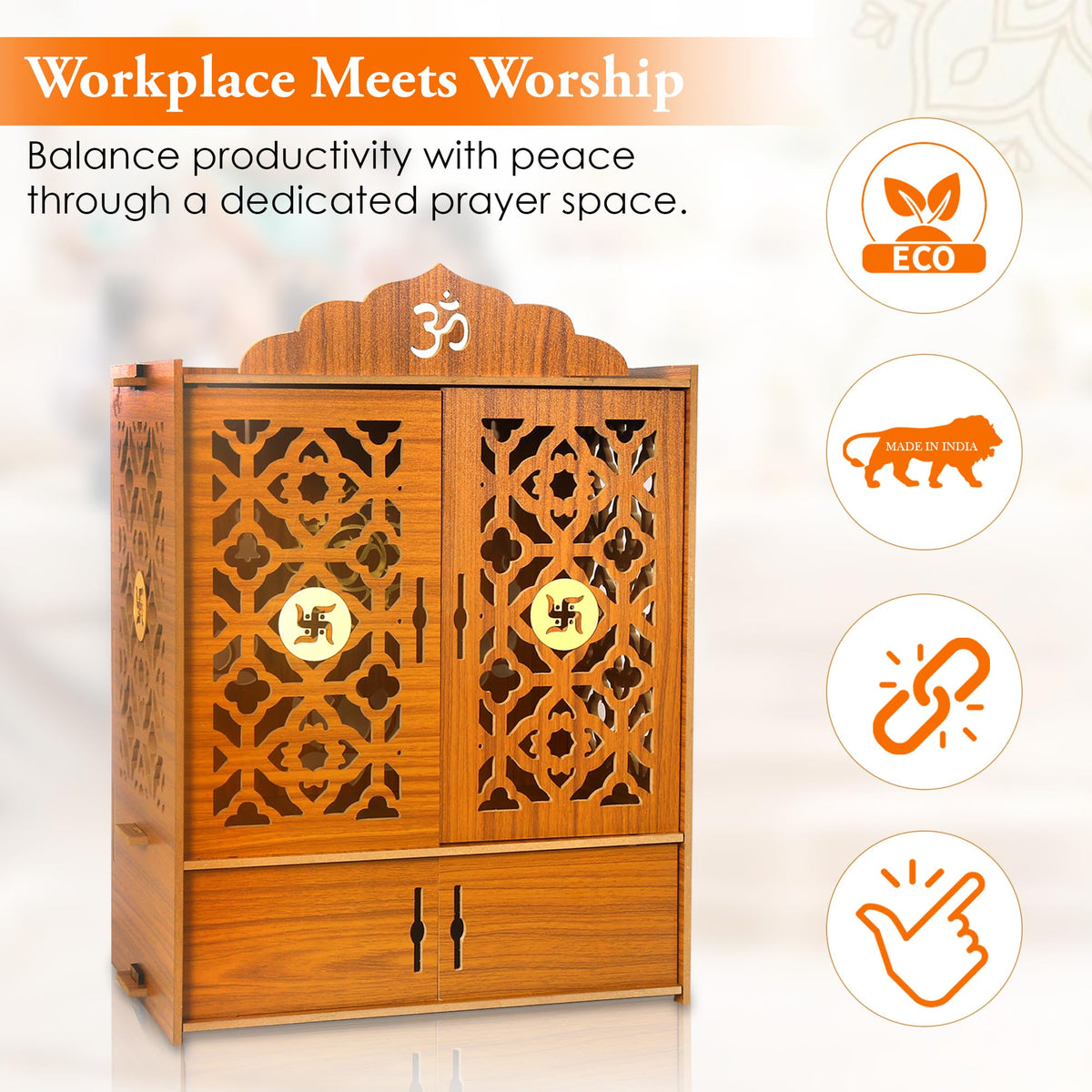 GLUN® Pack of 1 Wooden MDF Temple Mandir for Home & Shops, Size 21x16x10 Inch 1 Piece LED Light & Complete Wall Mount Kit with Door & Cabinet with Storage Space, Assembly Required, Pooja Mandir