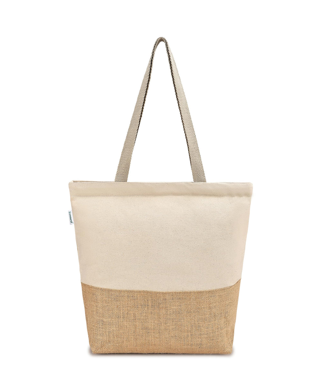 Econest Premium Canvas Totebags for Women with zipper, College Bag for Girls, 100% Organic Cotton Tote bag | beach,gift,office, school & Daily Usable strong handbag Medium size (NATURAL JUTE)