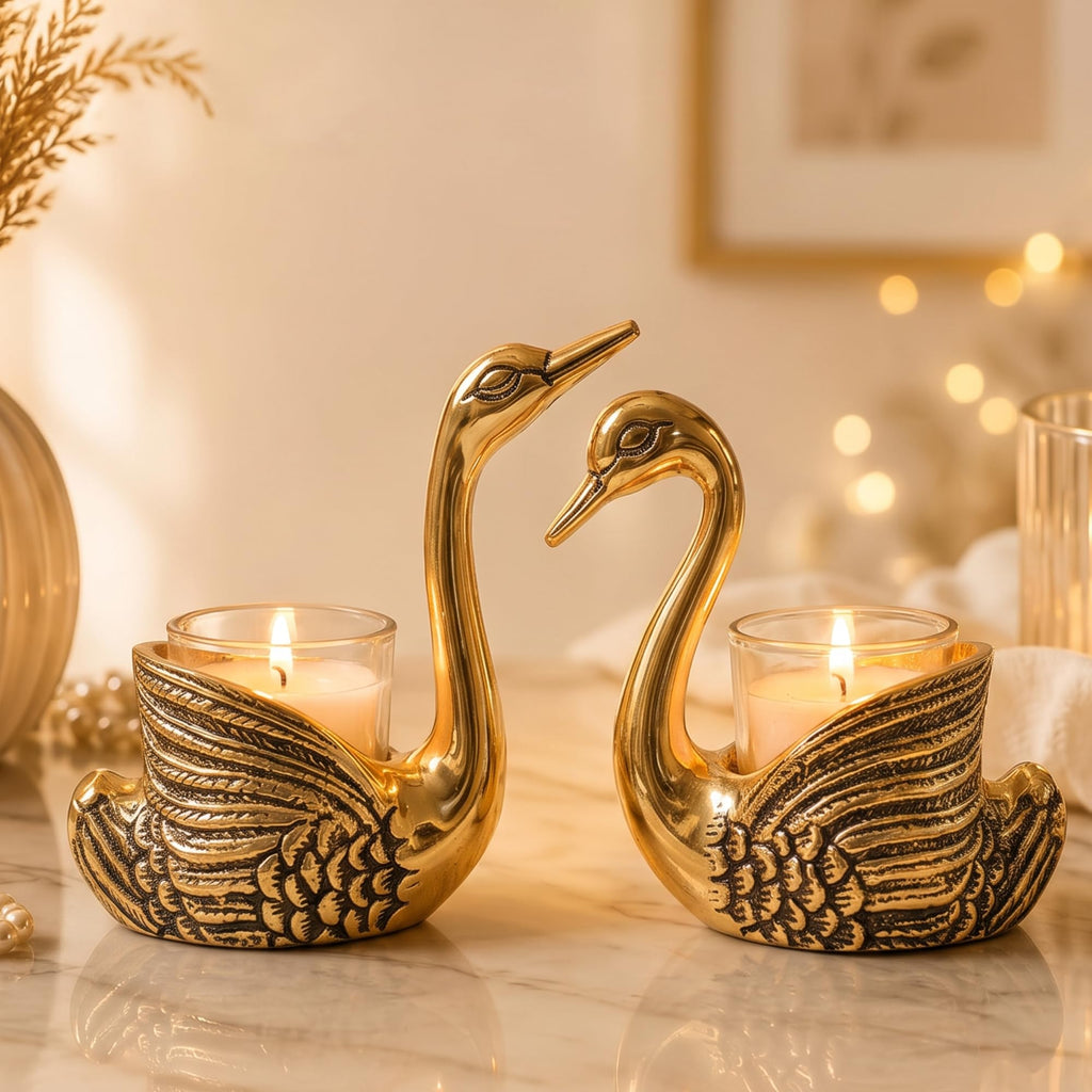 BEHOMA Pair of Swan Candle Holder with Giftbox for Home Decor, Gold