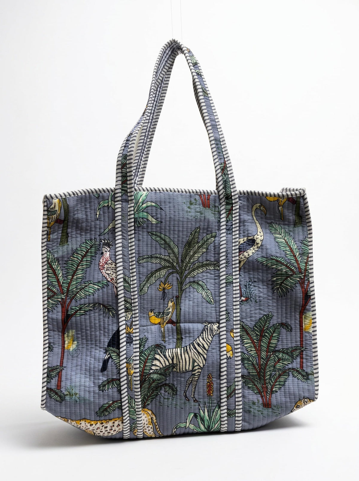 SAAJOY Cotton Quilted Tote Bag with Zipper large size Reusable Grocery Bag Travel Shopping (GREY)