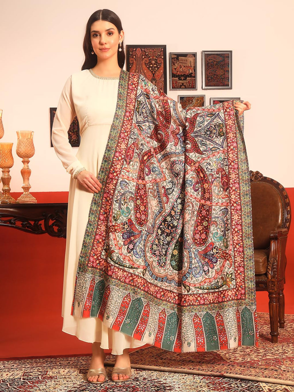 Pashmoda Women Naqshkaar Fine Wool Fabric Pashmina Kalamkari Embroidered Shawl (Size: 40x80in, 101x203cm) KAS17