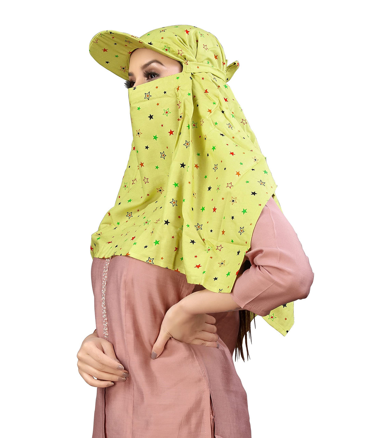 TESY QWEN Women's Scarf Cum Mask with Cap, Rayon Multi-Functional Neck Gaiter with UV Protection for Biking, Hiking and Travel (Mehndi)