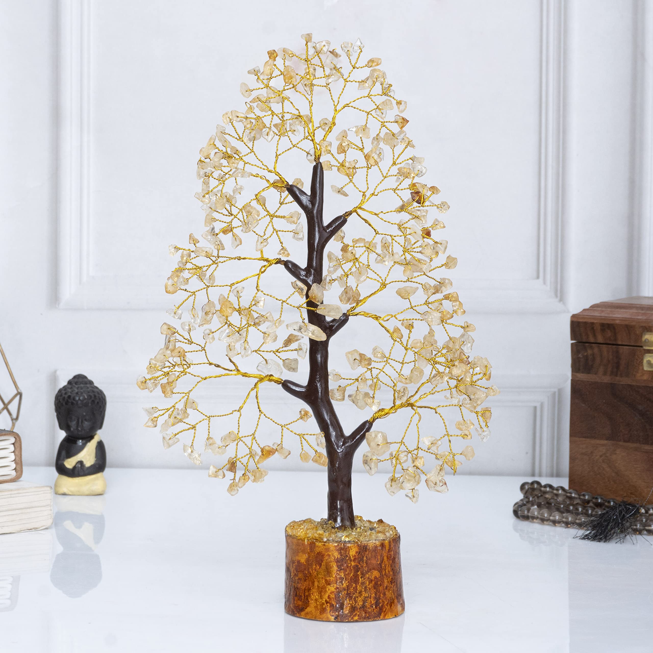 HindCraft Citrine Gemstone Crystal Tree Good Luck Showpiece for Home Decor Items Crystals Gemstones Bonsai Money Tree for Good Luck, Decoration Gift Item, Golden Wire, 10-12 inch