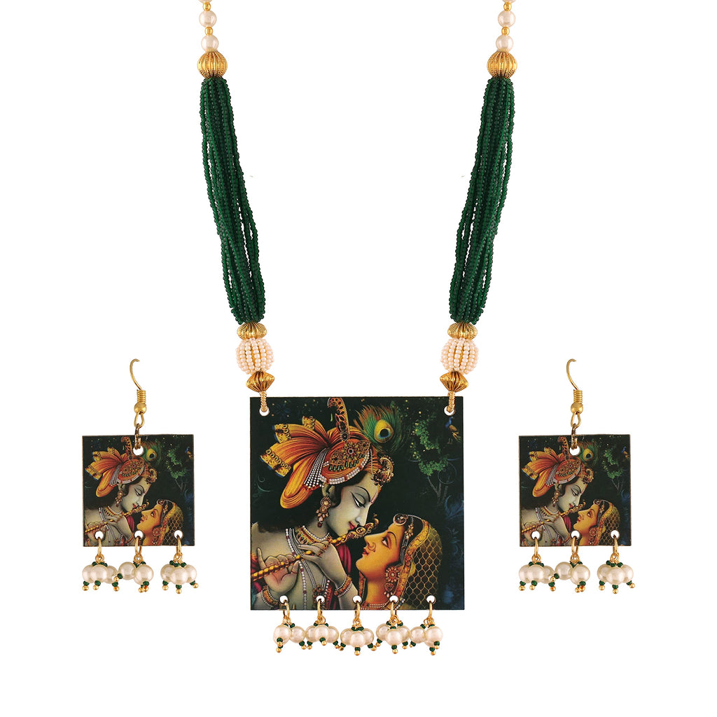 I Jewels Traditional Wooden Art Pendant Pearl Style Necklace with Earrings Set for Women (ML284)