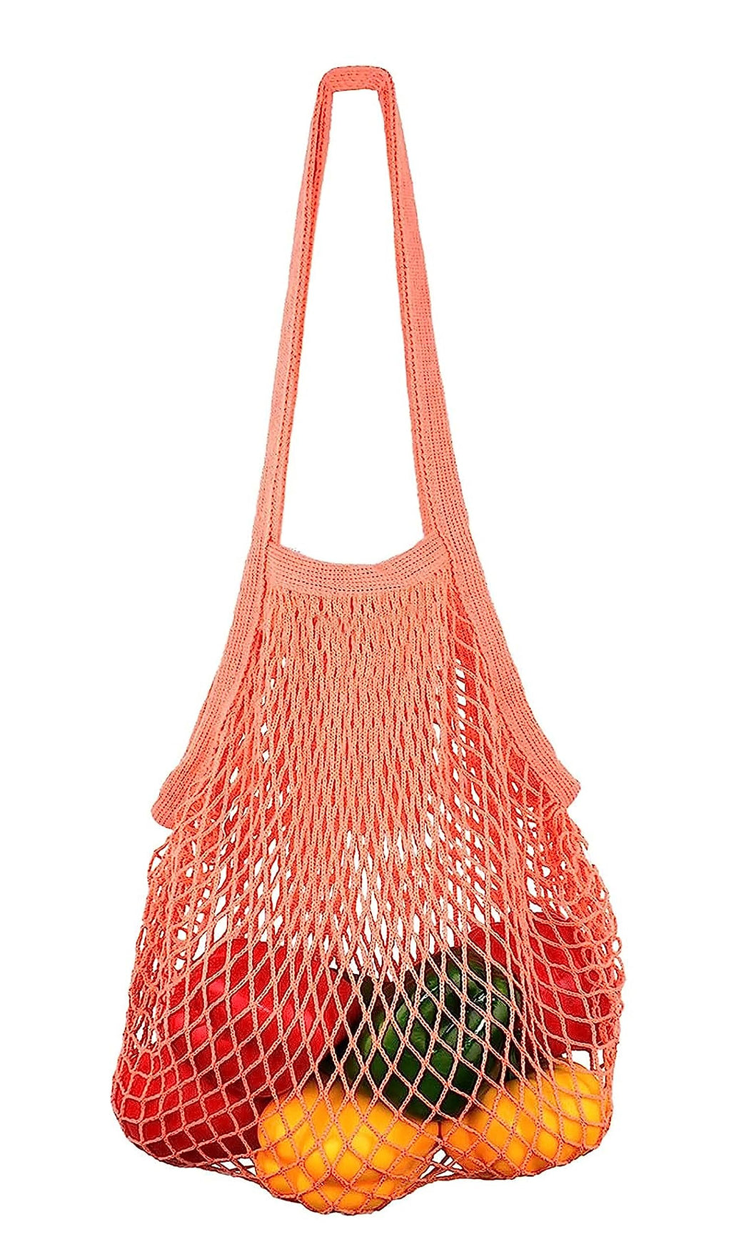 MSK Looms Eco Friendly Light Weight Cotton Net String Bag with Long Handle, Reusable Produce Bag for Fruits and Vegetable - Orange