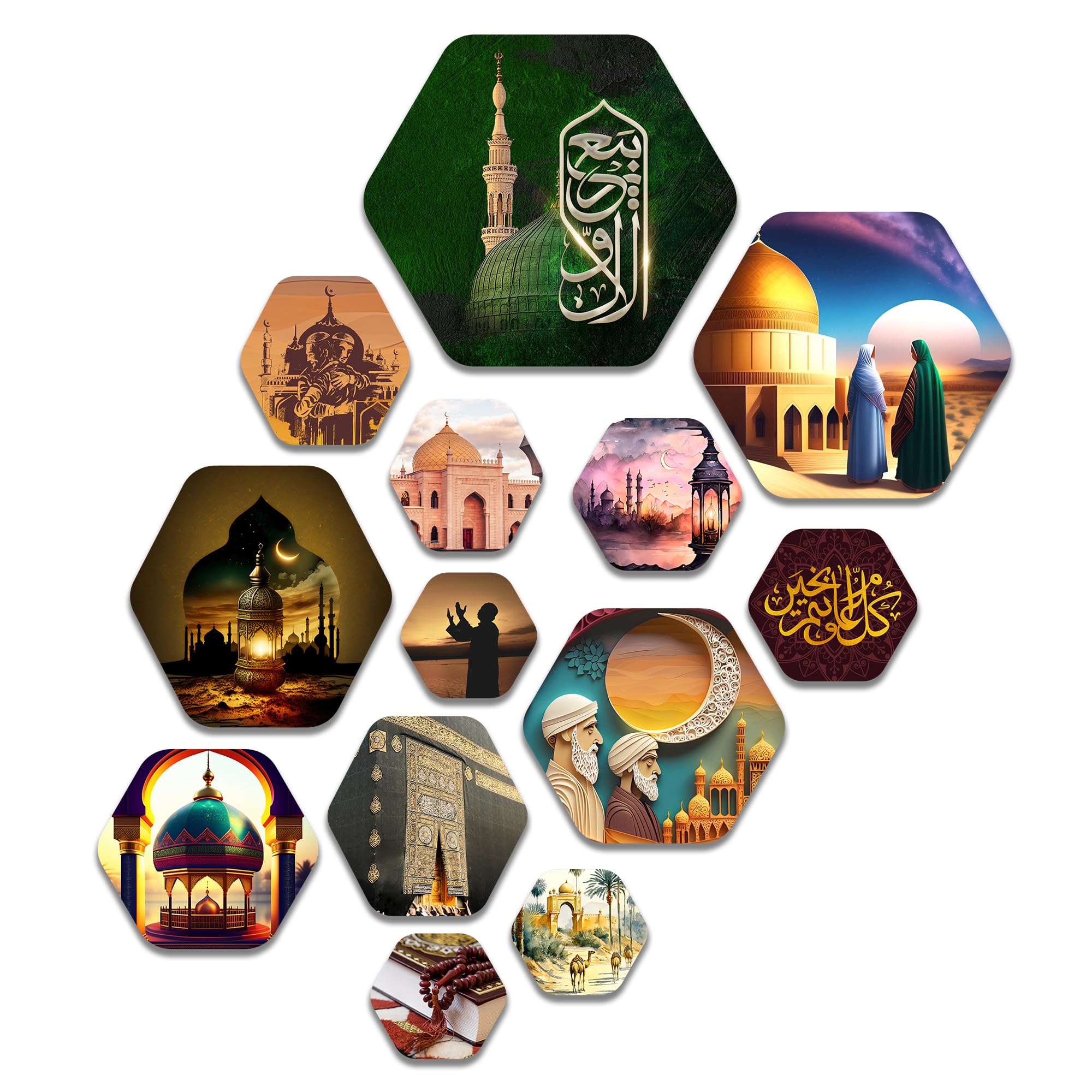 Artvibes Islamic Muslim Art Hexagon Shape MDF Wooden Wall Decor Items | Spiritual Decor Items | Islamic Decoration | Wall Illustrations| Stylish Modern Decor Item | Gift Items (WPS_202N), Set of 13