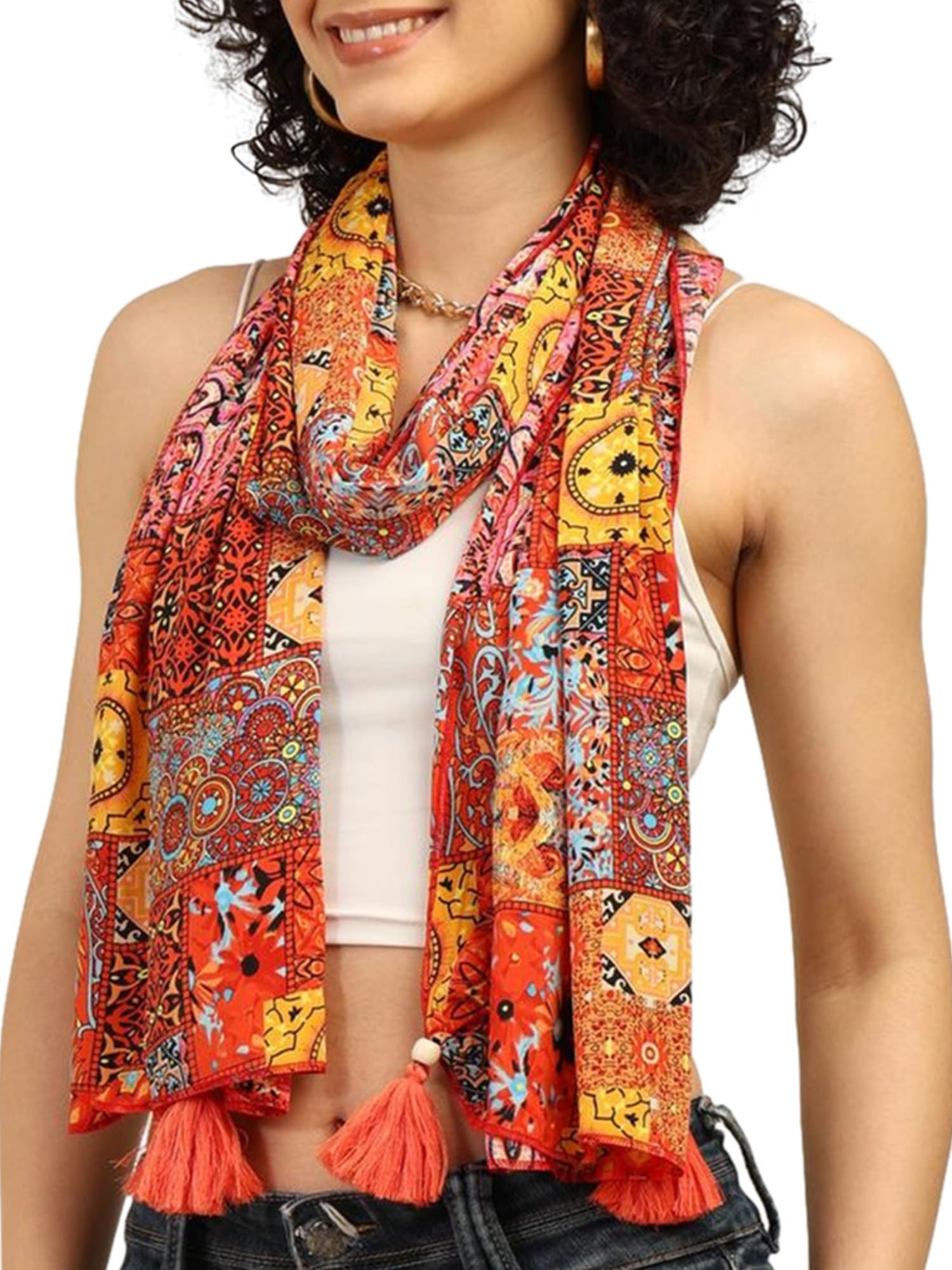 KE KANHA EXPORTS Scarf for Women Boho | Border Print Stylish | Stole for Women Breathable Summer Beach Wrap with Tassels | Multicolour |180 x 50 cm|FREE Scrunchie Included