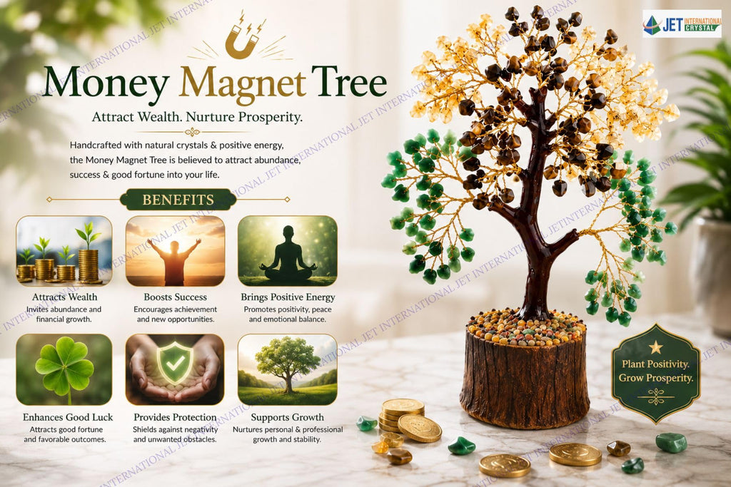 Jet Money Magnet Crystal Tree 10 Inch | Pyrite, Citrine, Green Aventurine & Tiger Eye Gemstone Tree for Home, Office & Desk Décor