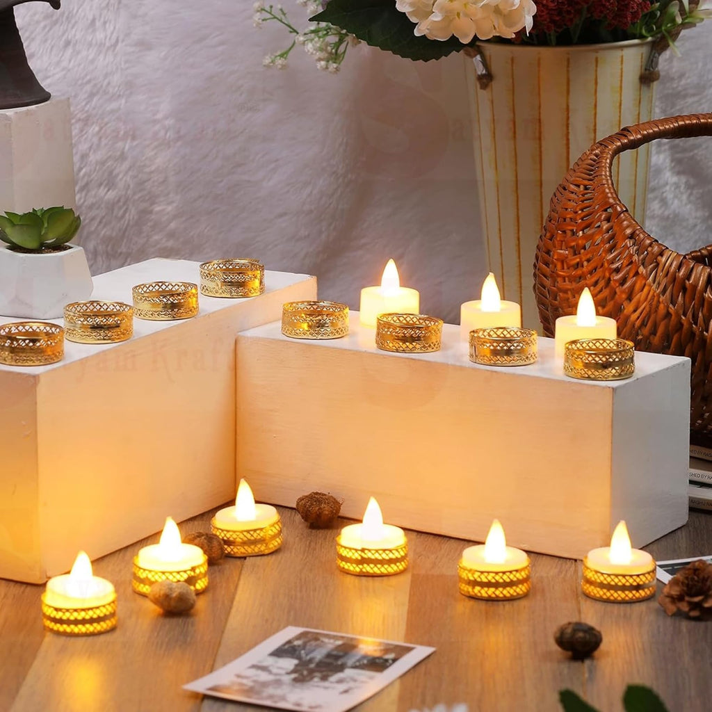 MILAPARK CRAFTS 36 Pcs Gold Tealight Candle Holder Stands – Round Diya Stand for Pooja Thali Decoration, Festivals, Weddings, Anniversary & Christmas Décor (36)