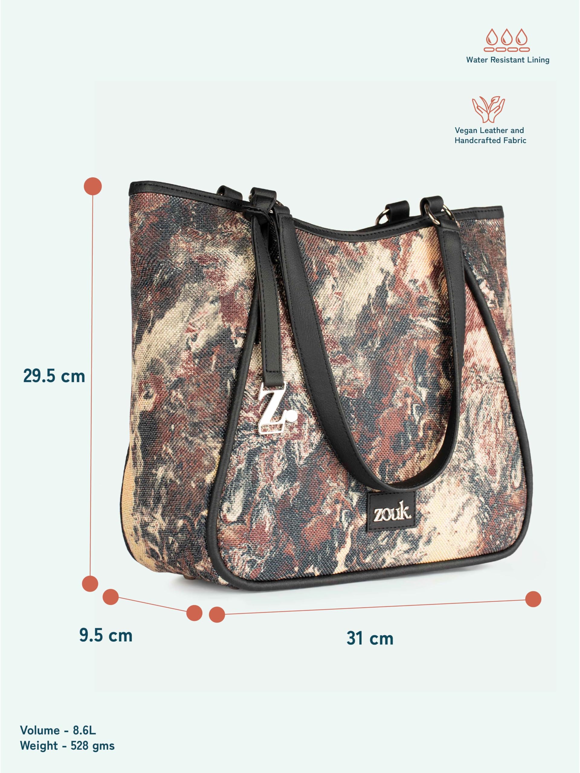 ZOUK Naisha Browns Fluid art Tote Bag for Women | Vegan Leather Large Shoulder Handbag with Bottle Holder, Multiple Pockets & Water-Resistant Lining | Office, Travel & Daily Use | Malabar Cascades