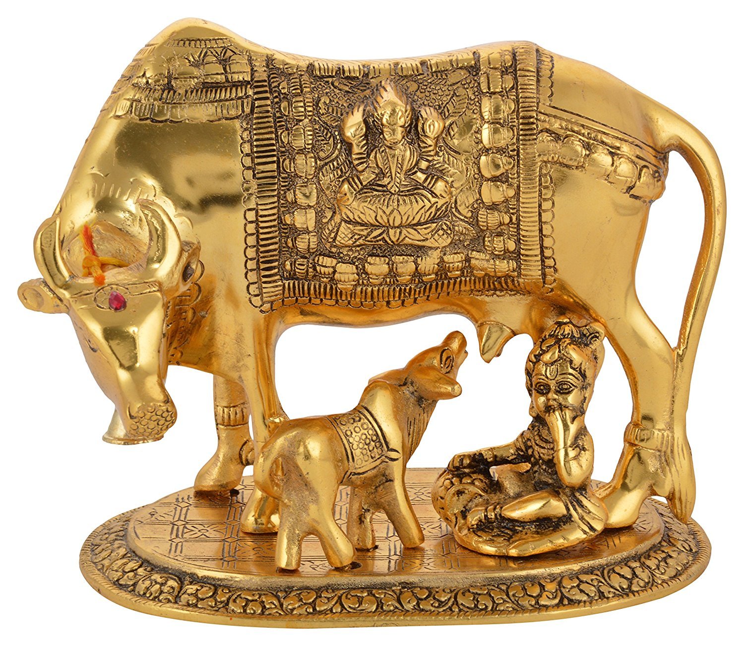 RCI Handicrafts White Metal Kamdhenu Cow, Calf and Krishna Figurine - (20 x 14 x 18 cm, Gold)