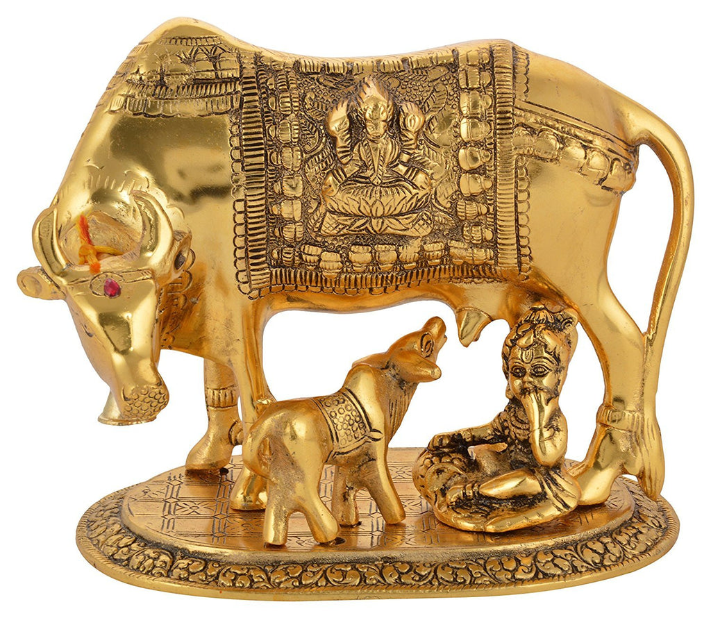RCI Handicrafts Aluminum metal Kamdhenu Cow And Calf with Krishna Spiritual Showpiece (Standard, 20 x 14 x 18 cm, Gold)