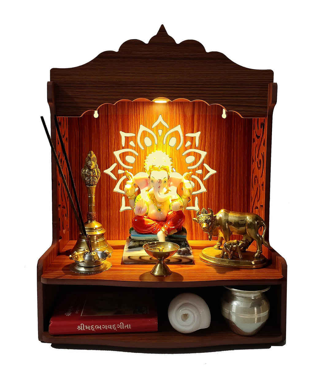 DIVOKAH® Beautiful Wooden Pooja Mandir for Home/Temple for Home and Office/Puja Mandir/Puja Stand/Pooja Mandapam with LED Spot Light (8 MM Plywood Thickness) LEDOMF