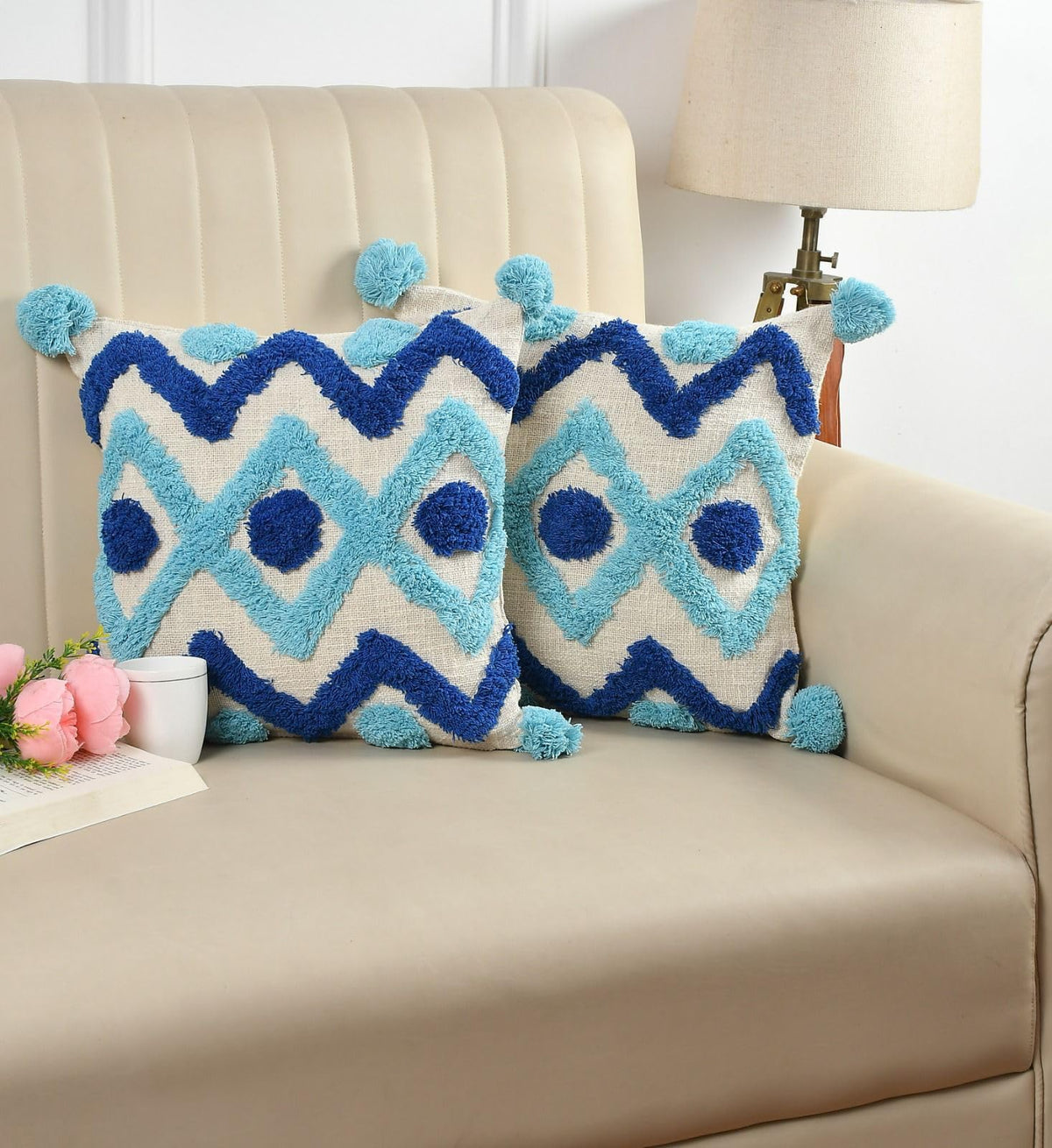 Furnistitchs Premium Decorative Throw Cushion Pillow Cover Boho Home Decor - Living Room Bedroom Couch Sofa Cushion Covers 16 inch x 16 inch (2, Blue Geometric)