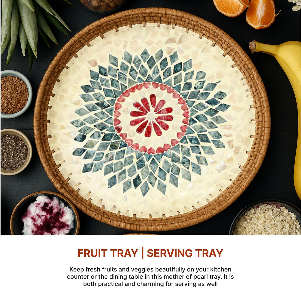 Habere India-All The Cultures Fabricating India Decorative Serving & Organising Trays | Gift Hamper | Wooden Serving Tray | Round Shape Rattan Tray - Large (Dia40 x H5 cm)
