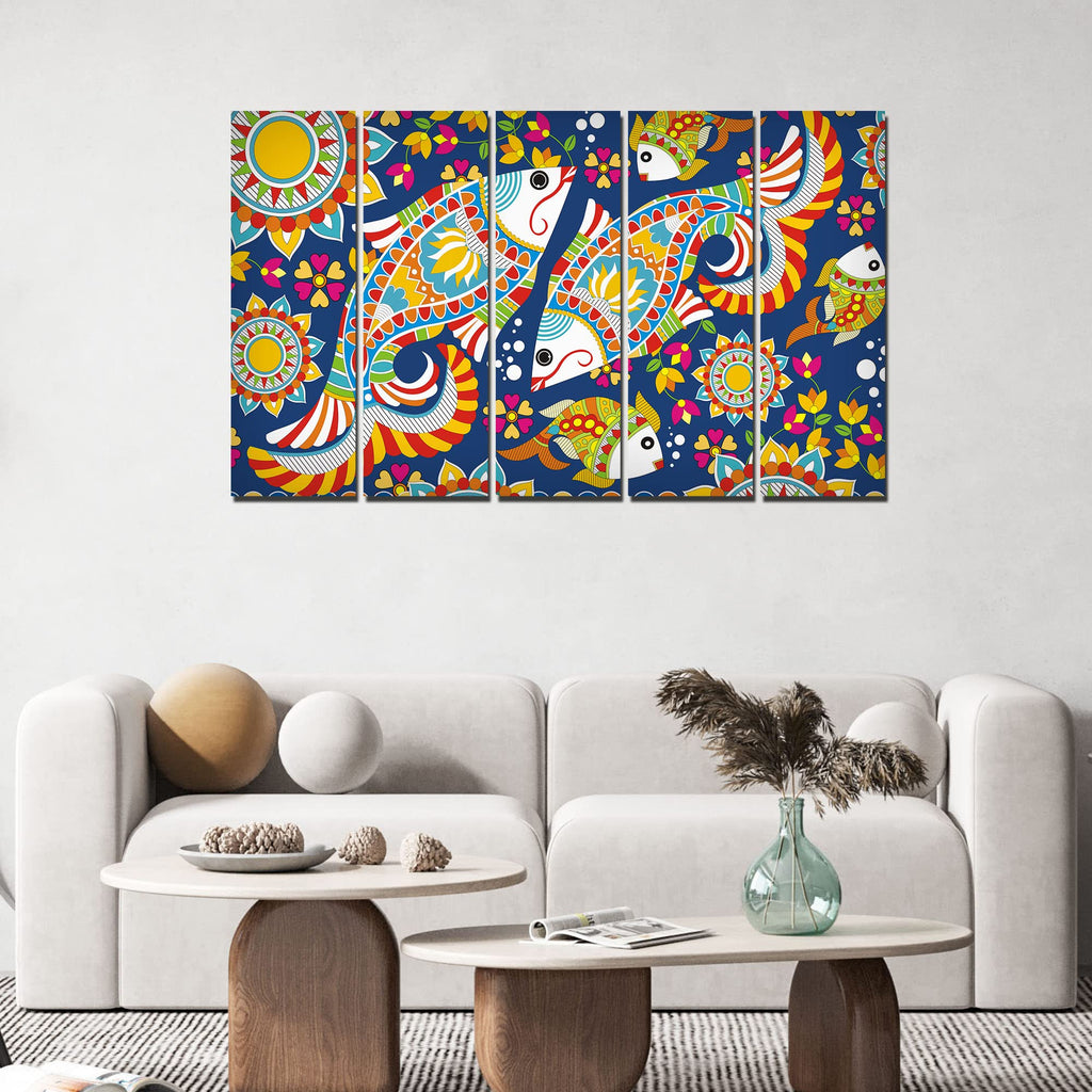 VIBECRAFTS Beautiful Indian Folk Art 5 Pieces Canvas Wall Painting For Home | Office | Living Room | Gift (PTVC5Pcs4_8533)