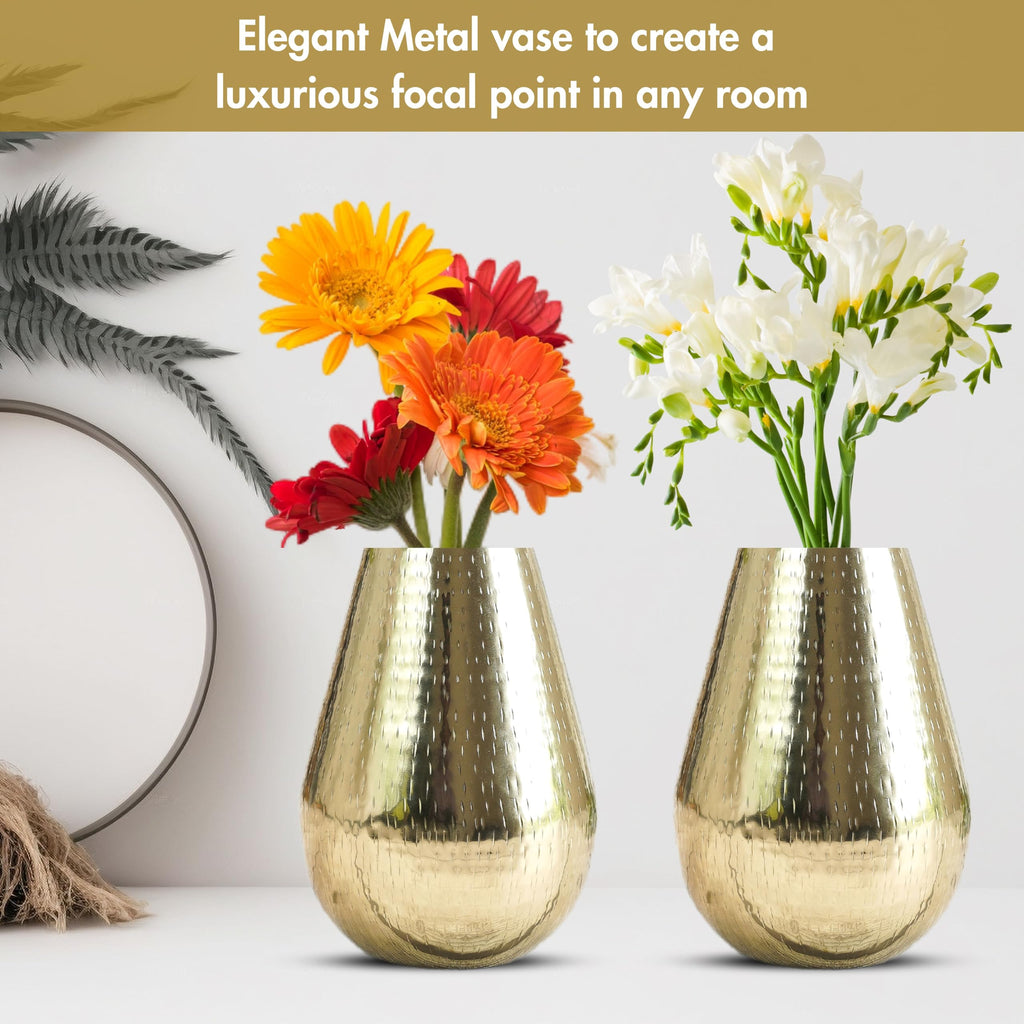 BEHOMA Drop Shape Metal Hammered Flower Vase, Gold - 2 Pcs