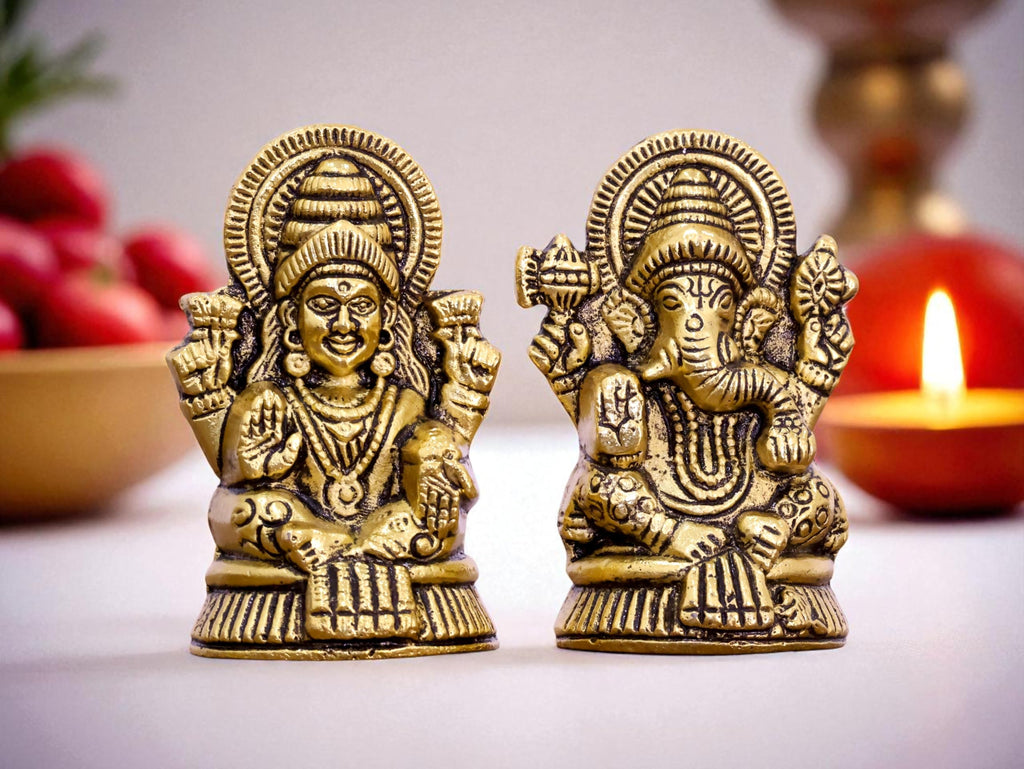 KridayKraft Metal Laxmi & Ganesh Idol Pair – Gold-Finish Mini Statues (7.5 cm × 4 cm Each), 160 g – Auspicious Home Puja Decor & Diwali Gift